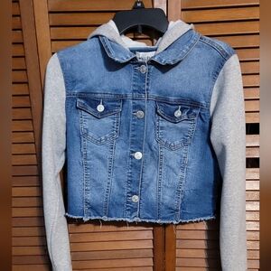 Wallflower Denim And Gray Cropped Jacket With A Hood. Juniors Size Med. Like New